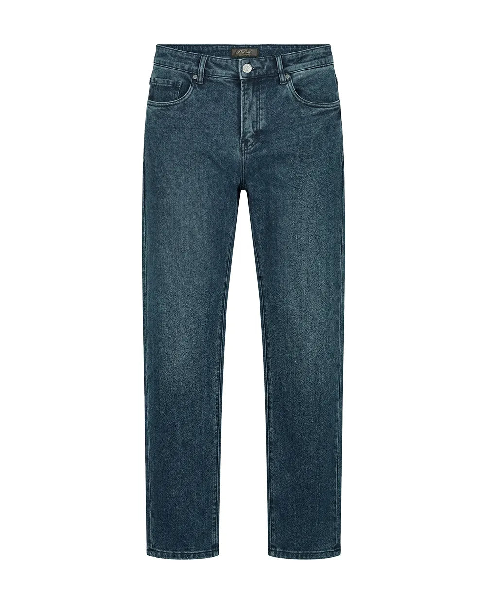 A pair of dark blue denim jeans shown flat against a solid white background, displaying a classic five-pocket design and straight-leg silhouette.