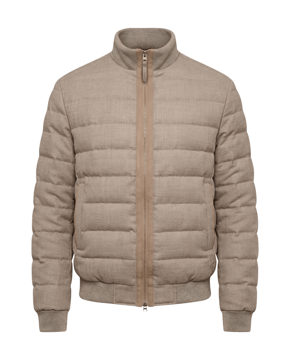 Beige puffer jacket on a black background