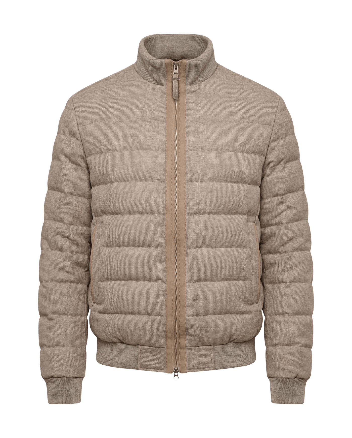 Beige puffer jacket on a black background